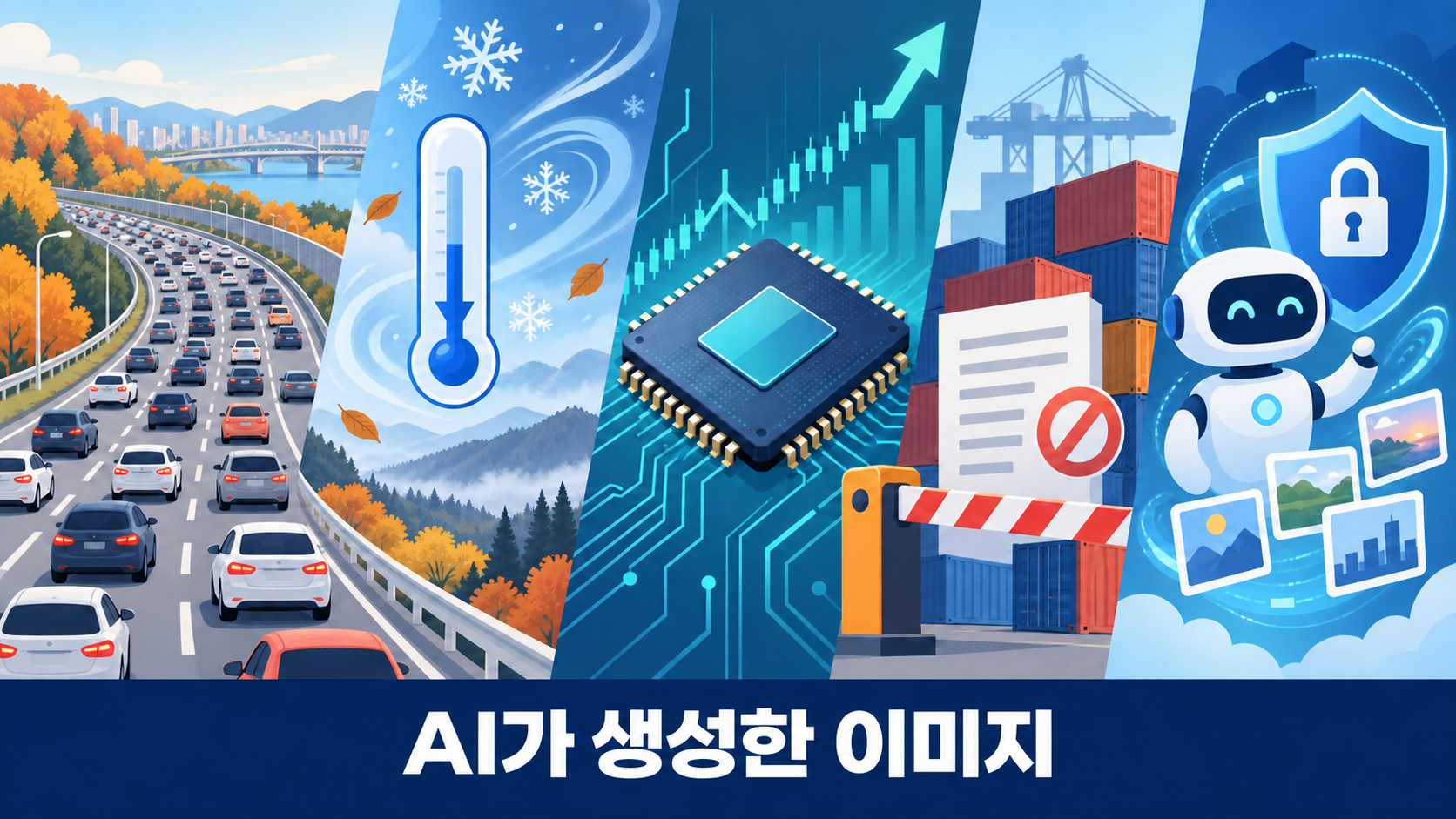 추석 귀경길, 가을 기온 하락, 반도체 IPO, 수입규제, AI 데이터 보안을 상징한 점심 뉴스 개념 일러스트