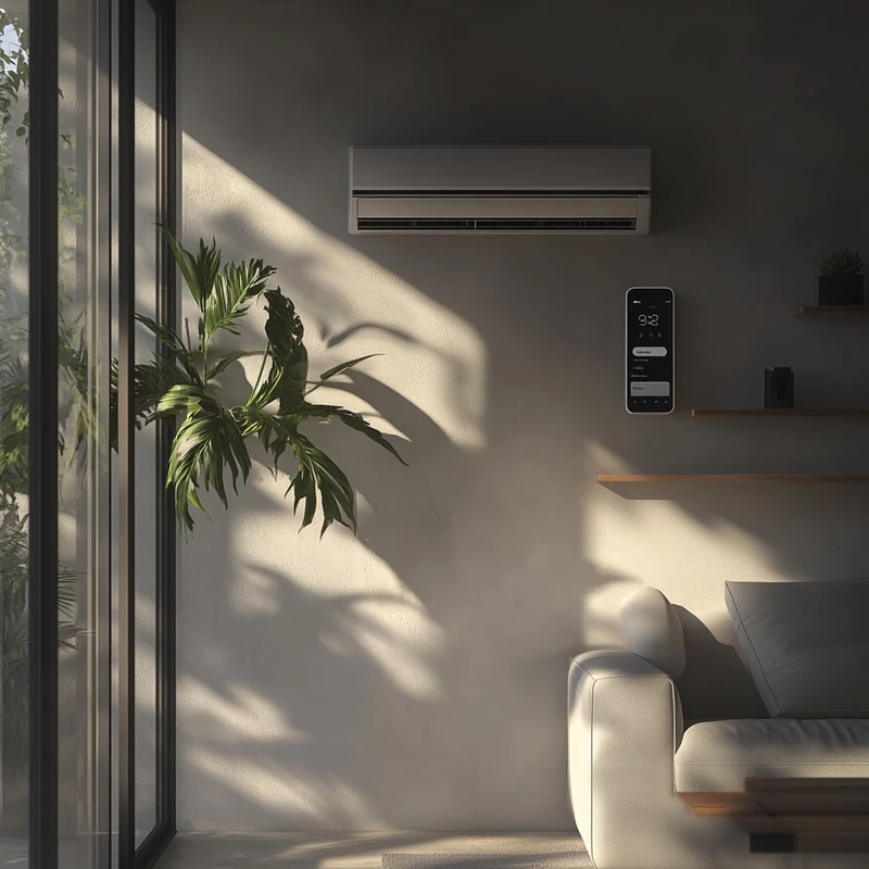 스마트폰 애플리케이션으로 최신 에어컨을 원격 제어하는 화면입니다. 스마트 홈의 편리함을 강조하며, 어디서든 제어 가능한 혁신적인 기술을 제공합니다.
