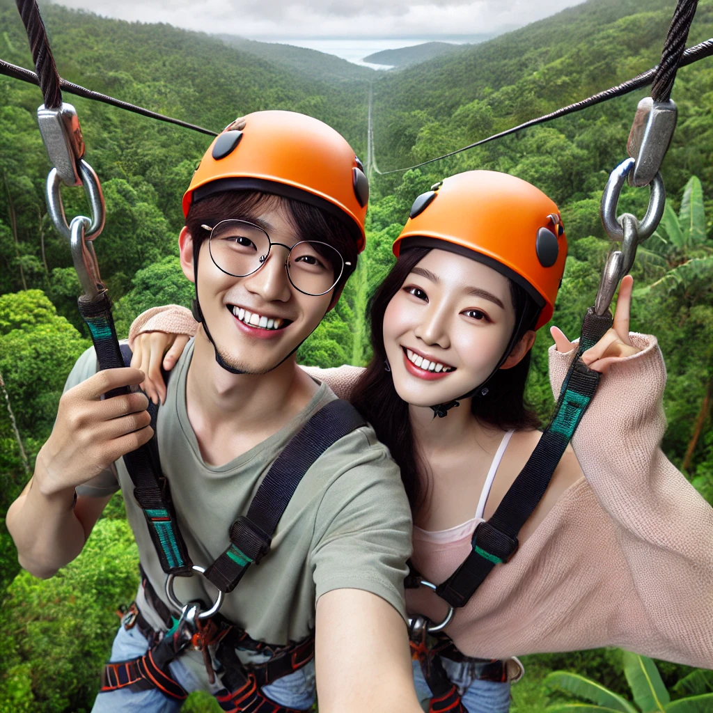 푸른 숲 위로 짚라인을 타며 웃고 있는 젊은 커플