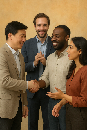 따뜻한 색감의 배경에서 서로 다른 배경을 가진 사람들이 악수하거나 토론하며 협력하는 모습