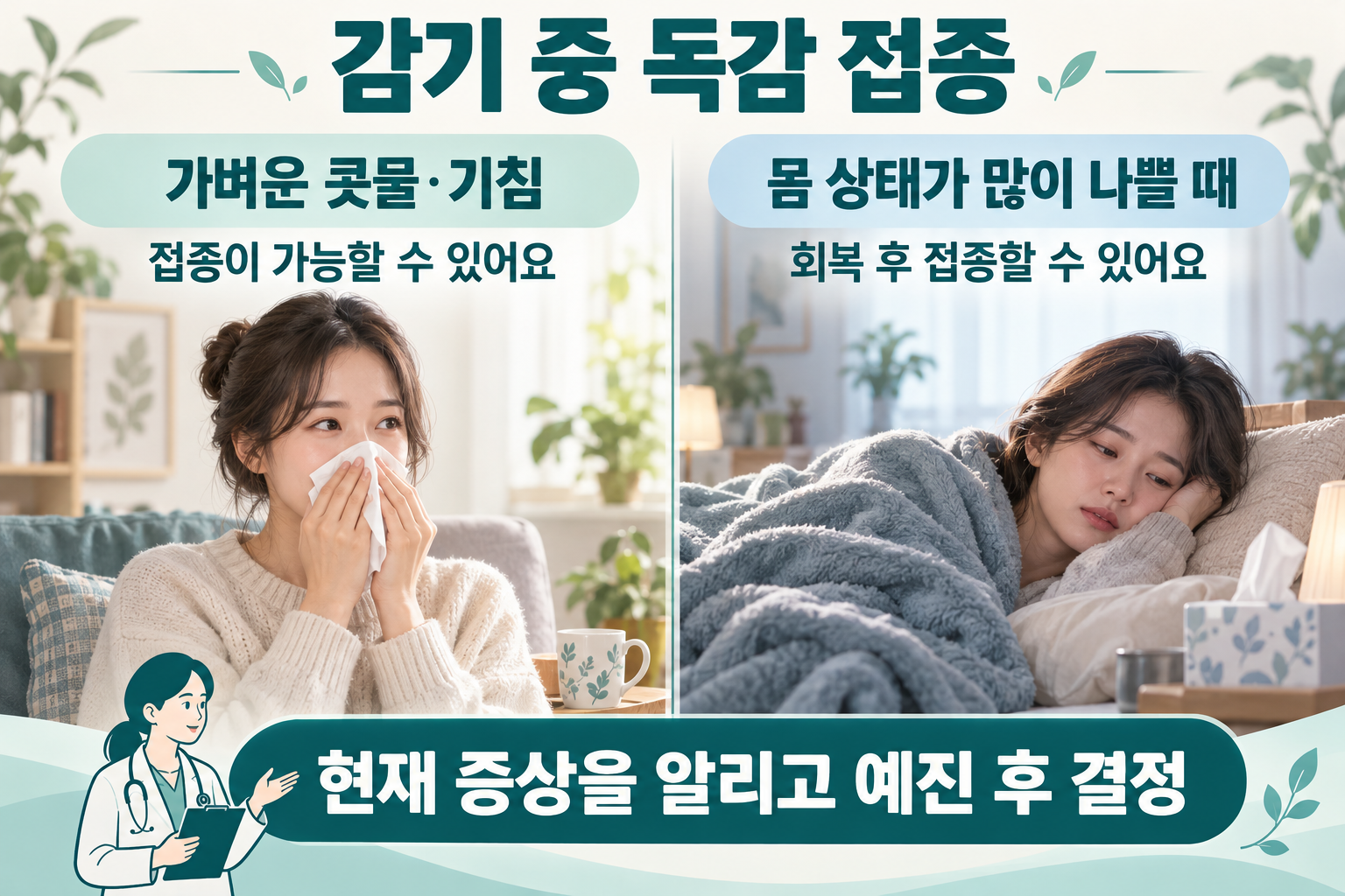 가벼운 감기와 몸 상태가 많이 나쁜 급성 질환의 독감 접종 판단 차이