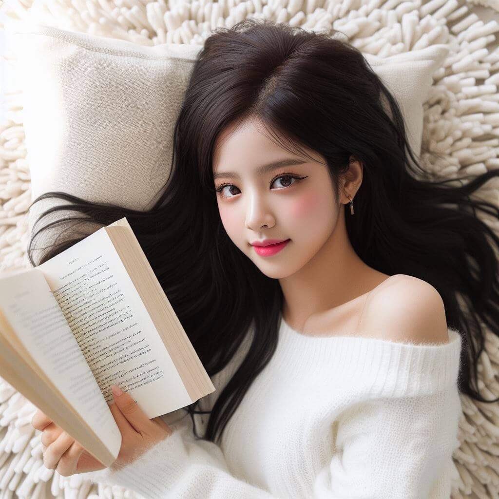 레이어드 러그에 누워서 책을 읽고 있는 여성