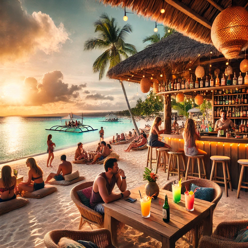 보홀 해변가의 바에서 사람들이 칵테일을 즐기며 여유롭게 노는 모습