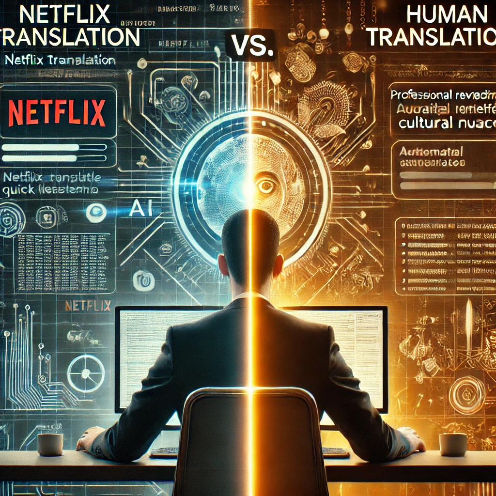 넷플릭스 AI 번역 vs 전문 번역가 대결구도를 나타내는 그림