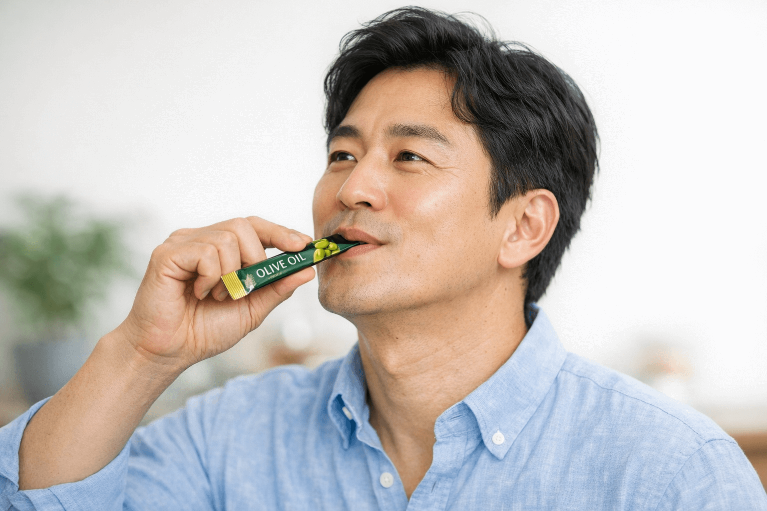 밝은 실내에서 올리브오일 스틱을 입에 대고 섭취하는 중년 한국 남성 클로즈업 컷