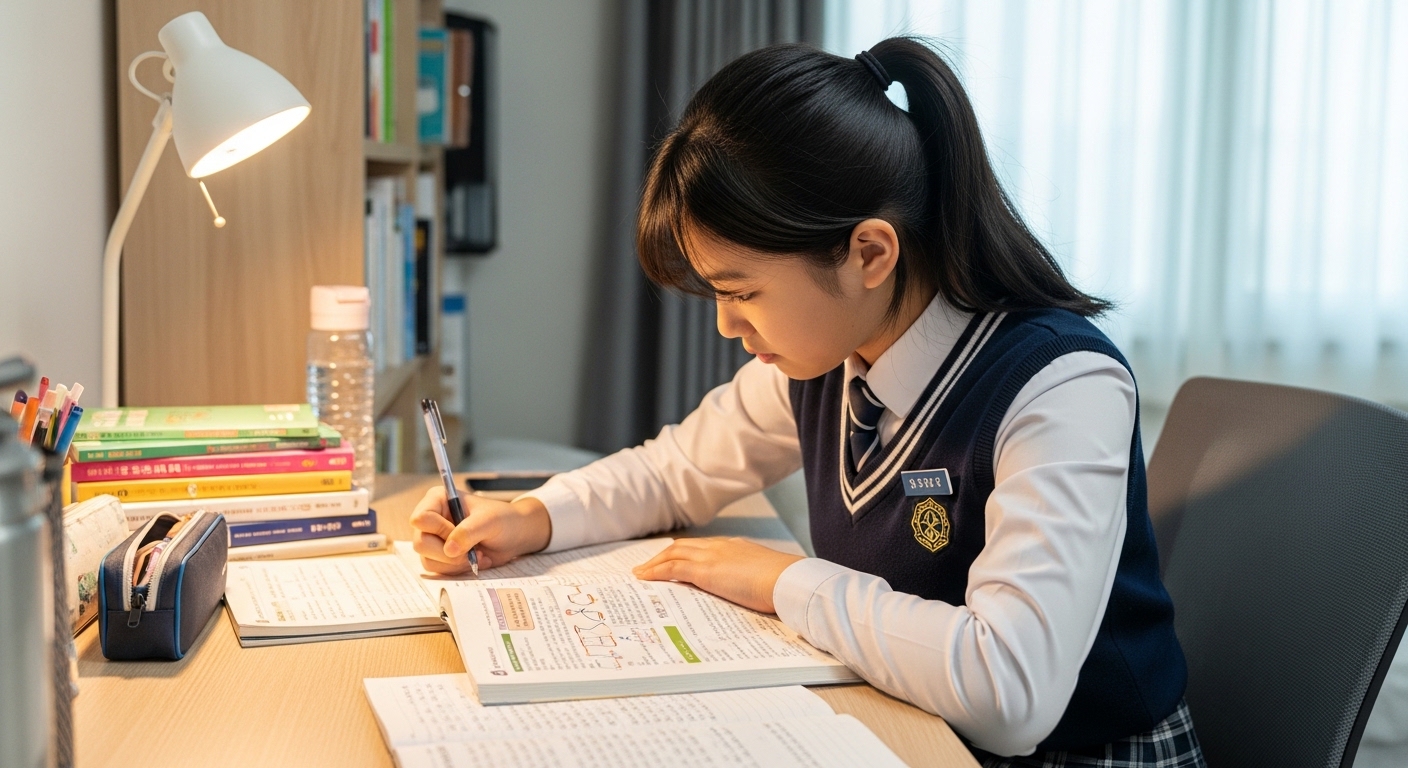책상에 앉아서 공부하고 있는 여중생