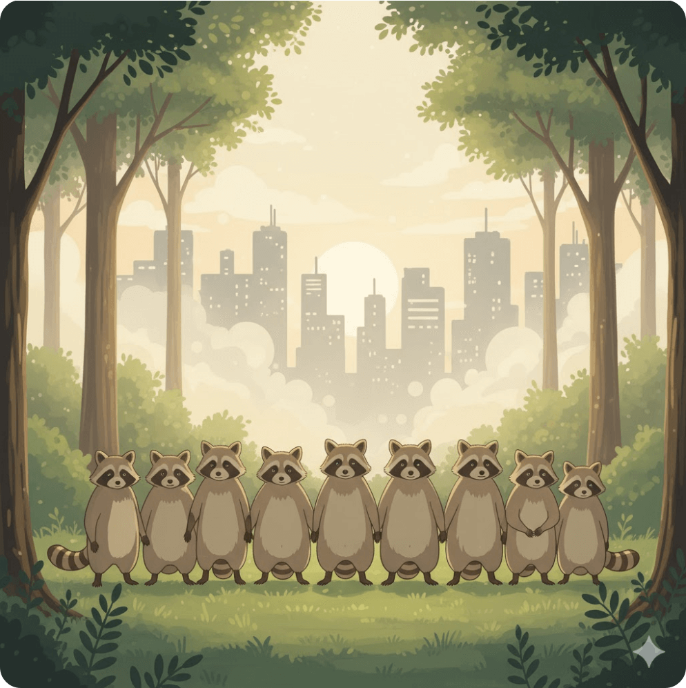 alt="새벽 햇살 속, 숲 한가운데에서 서로 손을 잡고 서 있는 너구리들. 도시를 배경으로 단결과 비폭력 투쟁의 의미를 담은 일러스트."