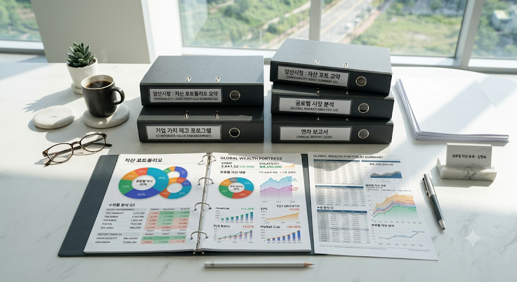 깔끔한 모던 오피스 데스크 위 세무 서류 파일 속에 선명하게 정렬된 사위 며느리 손주 대상 5년 시차 분산 증여 세무 판독 그래프