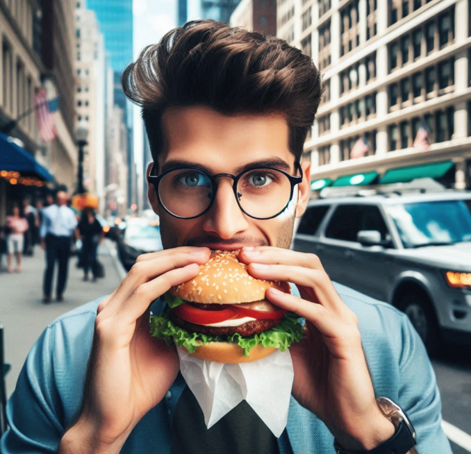 뉴욕의 번화가에서 빌게이츠와 담은 사람이 햄버거를 맛있게 먹고 있습니다.