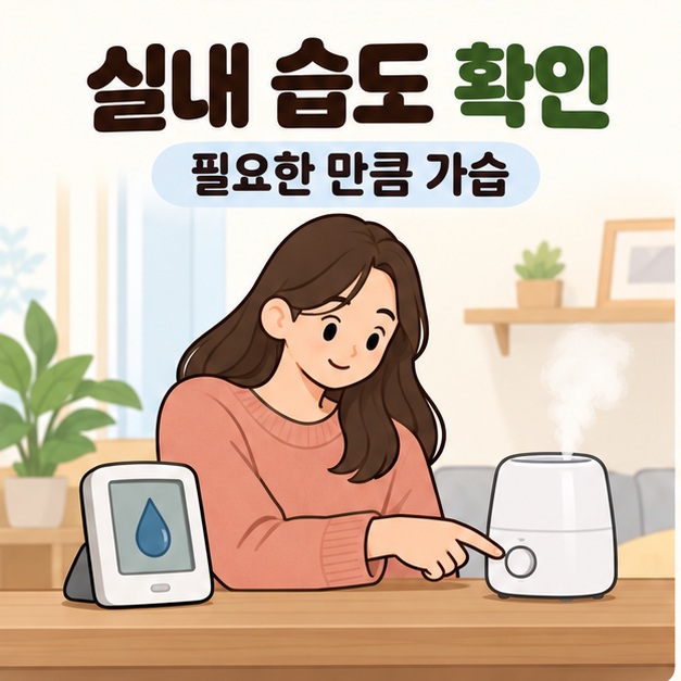 실내 습도 확인과 필요한 만큼 가습 문구 아래 여성이 습도계 옆 가습기를 조절하는 모습