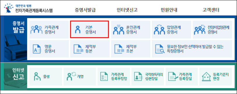전자가족관계등록시스템의 기본증명서 서비스 위치