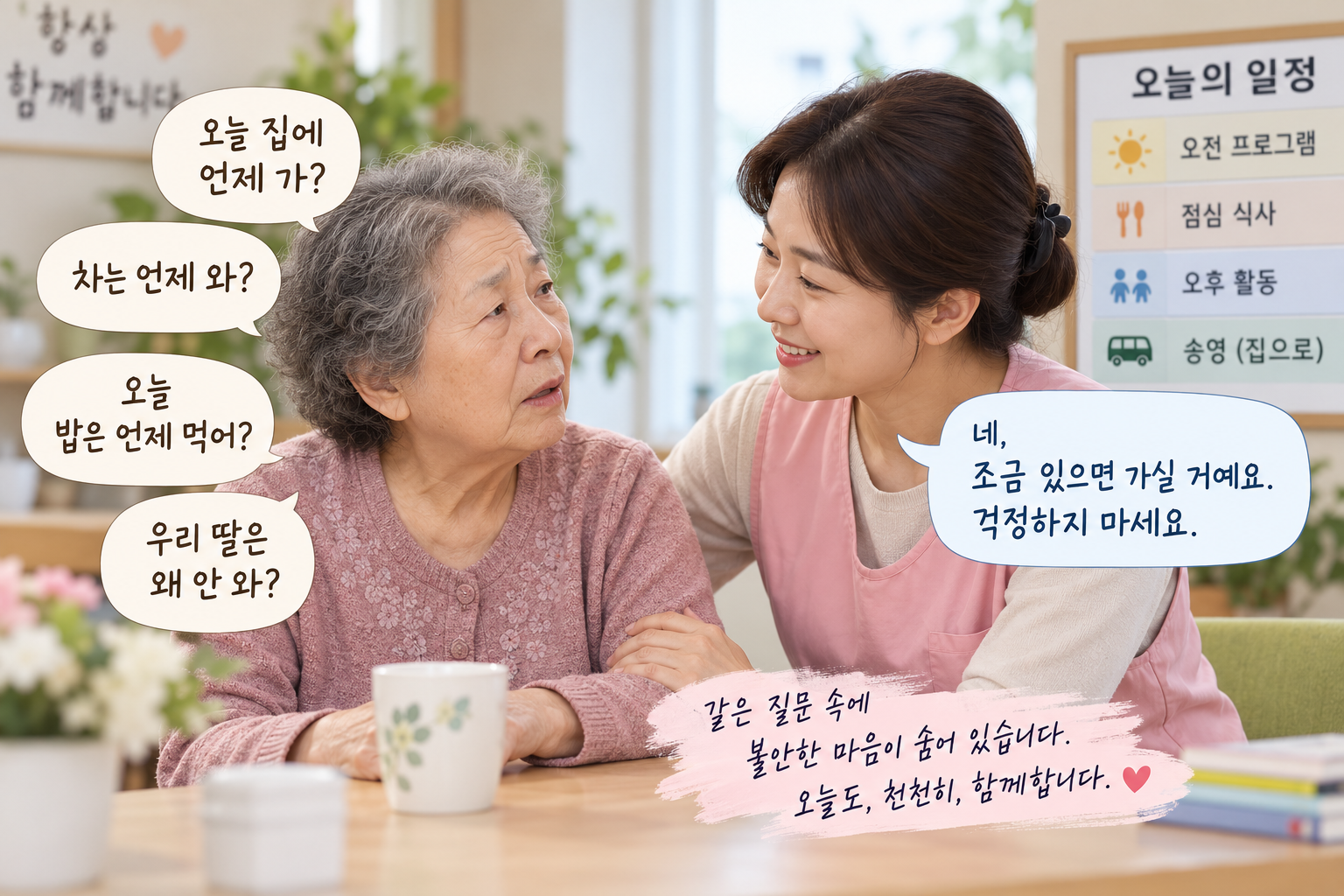 같은 질문을 반복하는 치매 어르신에게 주야간보호센터 요양보호사가 부드럽게 대답하며 안심시켜 드리는 모습