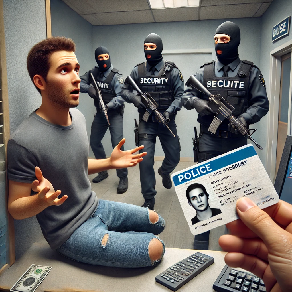 은행 강도가 협박 메모 대신 실수로 신분증을 제출. 은행원은 놀라고, 경비원들이 다가오는 모습.