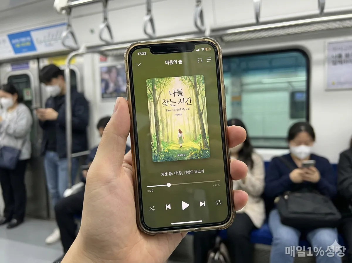 지하철에서 스마트폰으로 오디오북이나 명상 앱을 실행하고 있는 화면