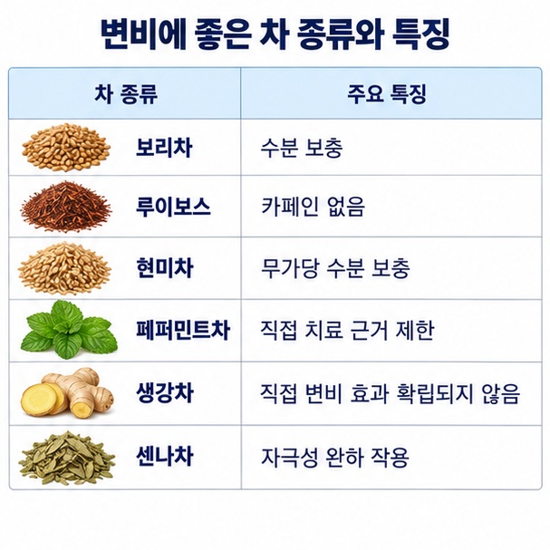 보리차 루이보스 현미차 페퍼민트차 생강차 센나차의 변비 활용과 근거를 표로 비교한 이미지