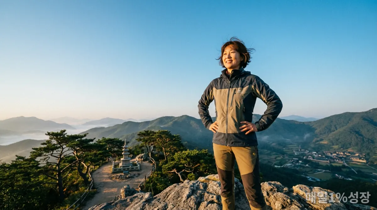 산 정상에서 자신감 있게 서 있는 한국인, 현실을 수용하고 성장하는 진짜 긍정의 모습