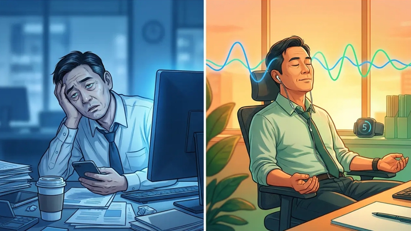 매일 야근과 스마트폰에 지친 중장년 직장인이 '5분 뇌 휴식법'으로 번아웃을 방지하고 활력을 되찾는 Before/After 모습. 직장인 뇌 건강과 번아웃 예방.
