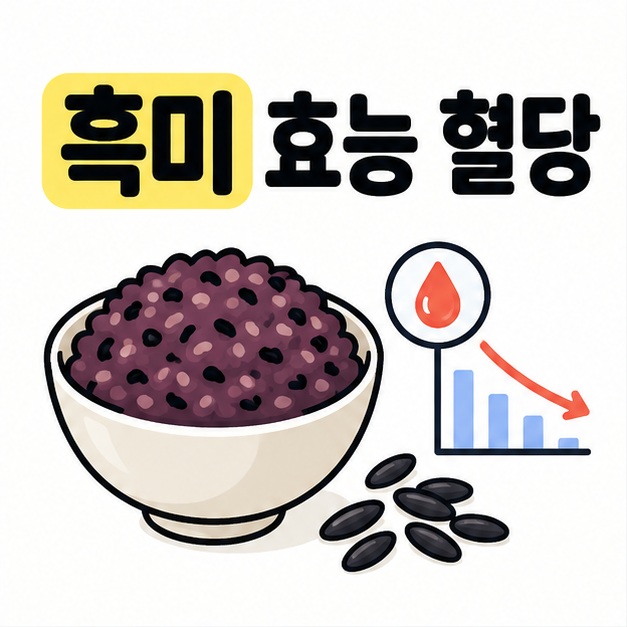 흑미 효능 혈당 제목과 검은 흑미밥, 곡물 알갱이를 함께 보여주는 그림