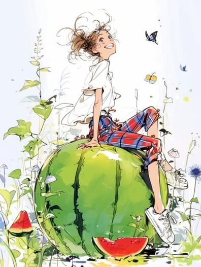 싱그러운-수박에-앉아있는-흰옷을-입은-멋진-여성