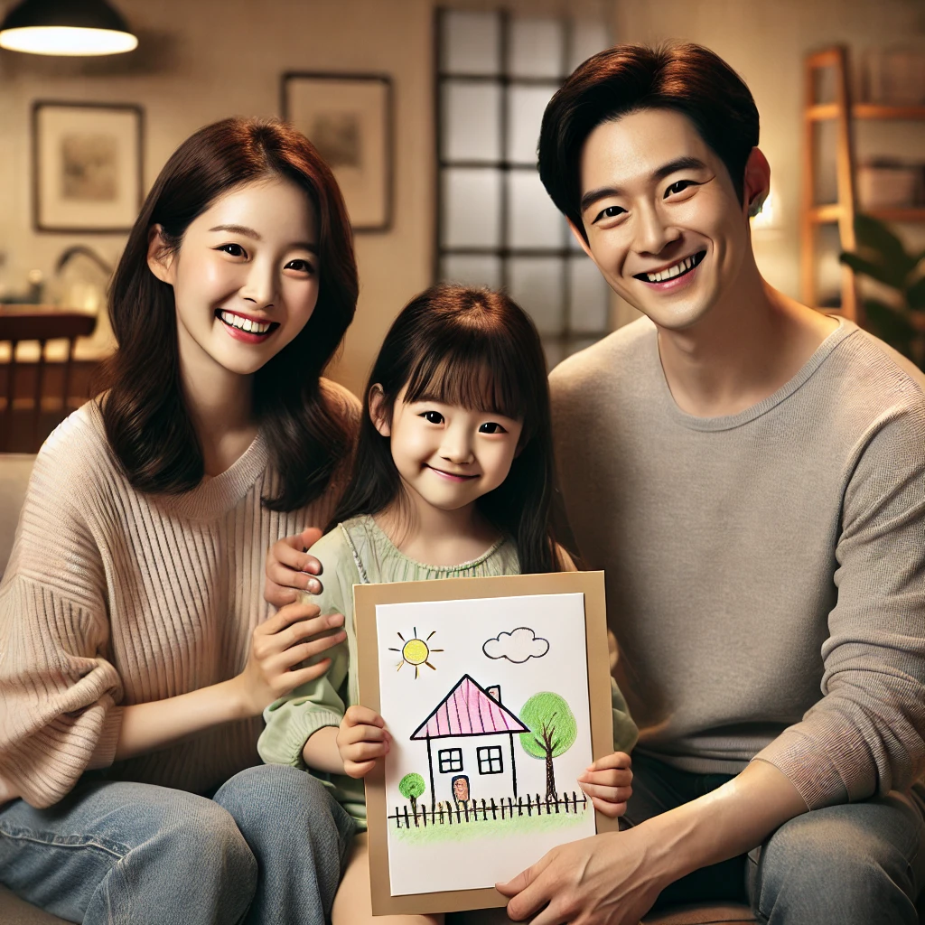 아늑한 거실에서 딸이 그린 그림을 자랑스럽게 보여주고&amp;#44; 부모가 박수치며 칭찬하는 가족