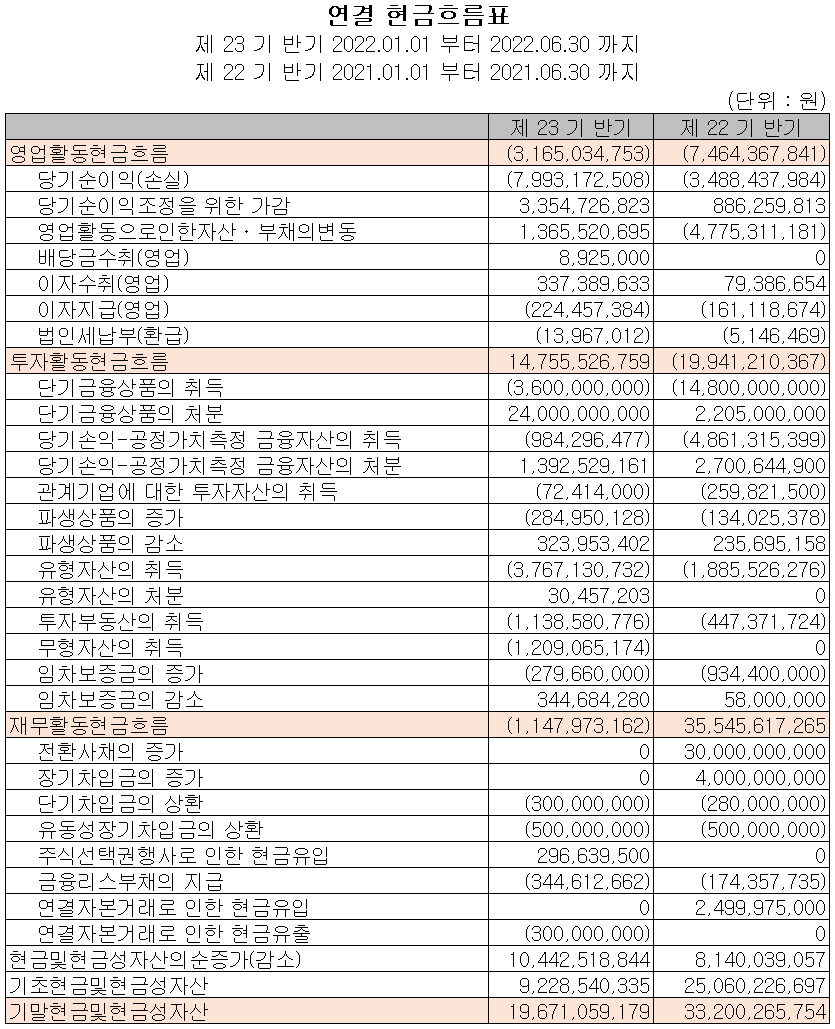 바이브컴퍼니 - 현금흐름표