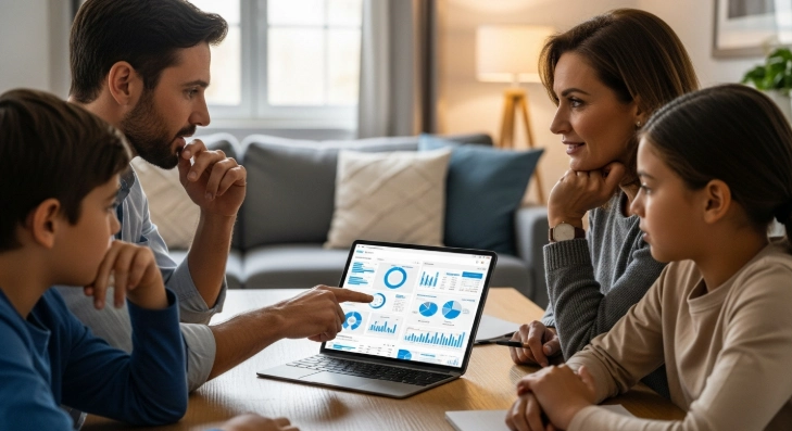 교육 선택지를 논의하기 위해 태블릿의 자료를 살펴보며 함께 대화하는 부모와 자녀의 모습