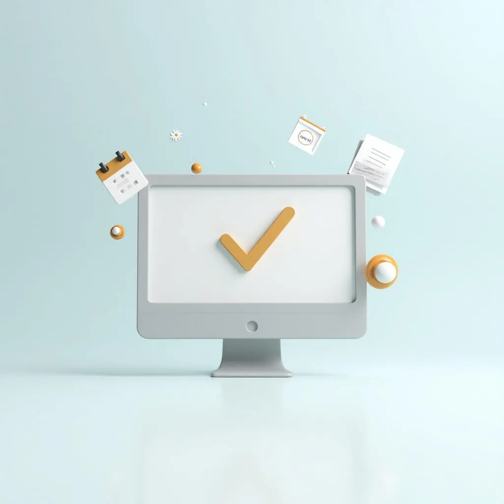 개인사업자 사업용 계좌 홈택스 온라인 신고 완료를 표현한 이미지. 밝은 화이트-블루 그라데이션 배경 중앙에 심플한 태블릿 또는 모니터 3D 아이콘이 있고, 화면에는 큰 골드 체크마크가 표시됨. 주변에는 서류, 달력(신고 기한), 공식 도장 등의 작은 아이콘이 떠 있어 성공적인 사업용계좌 신고 완료 상태를 시각화함. 홈택스를 통한 개인사업자 사업용 계좌 신고 절차를 밝고 긍정적으로 안내하는 이미지