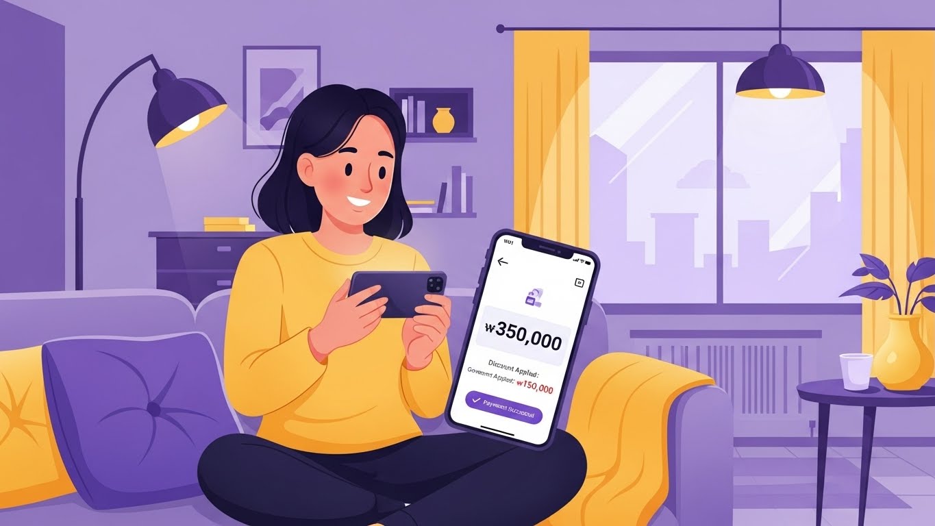 스마트폰으로 월세를 납부하며 정부 지원을 통해 부담을 덜어 미소 짓는 청년