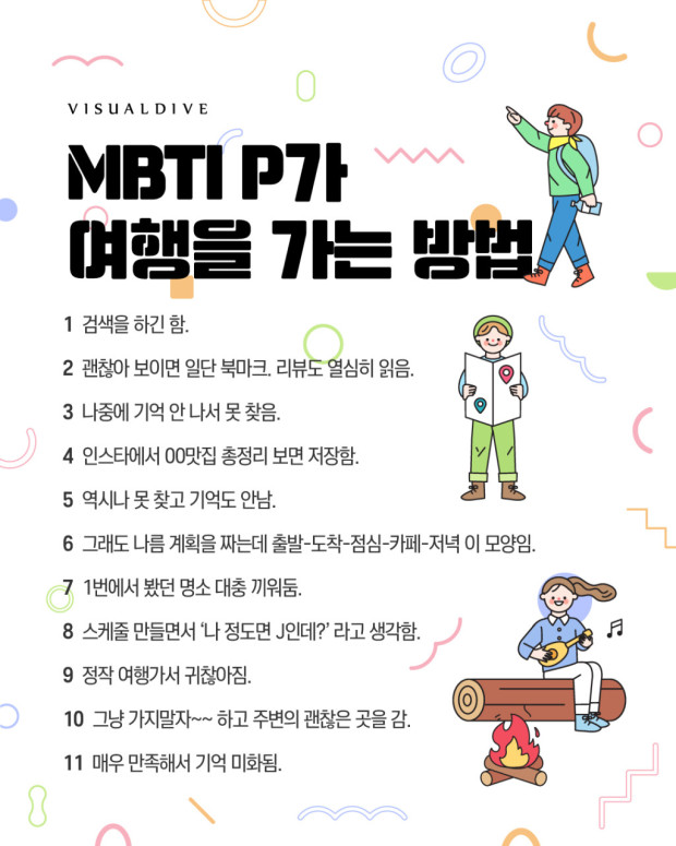 MBTI 중 P 유형의 사람이 여행을 가는 방법이다.

1. 검색을 하긴 함.
2. 괜찮아 보이면 일단 북마크. 리뷰도 열심히 읽음.
3. 나중에 기억 안 나서 못 찾음.
4. 인스타에서 ~맛집 총정리 보면 저장함.
5. 역시나 못 찾고 기억도 안남.
6. 그래도 나름 계획을 짜는데 출발-도착-점심-카페-저녁&#44; 이 모양임.
7. 1번에서 봤던 명소 대충 끼워둠.
8. 스케줄 만들면서 &#39;나 정도면 J인데?&#39; 라고 생각함.
9. 정작 여행가서 귀찮아짐.
10. 그냥 가지말자~ 하고 주변의 괜찮은 곳을 감.
11. 매우 만족해서 기억 미화됨.