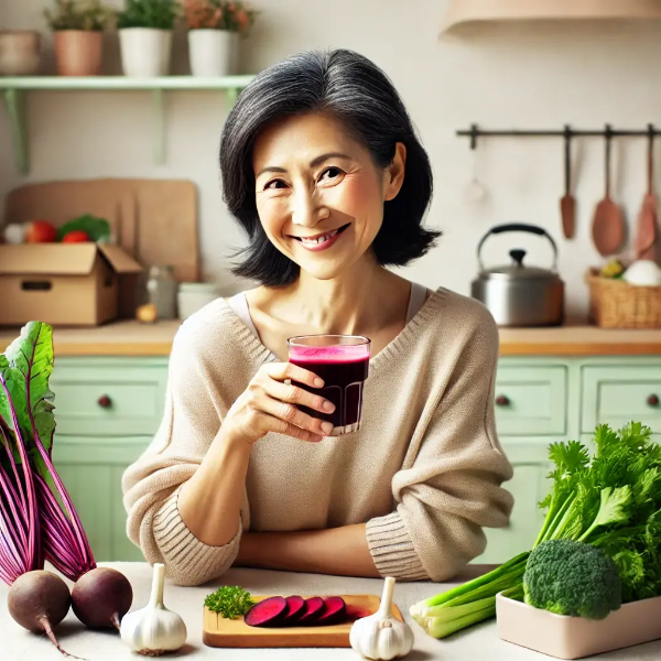 주방에서 비트주스를 들고 천연 혈압 관리 식재료 옆에 앉아 미소 짓는 동양인 중년 여성의 초고해상도 사진