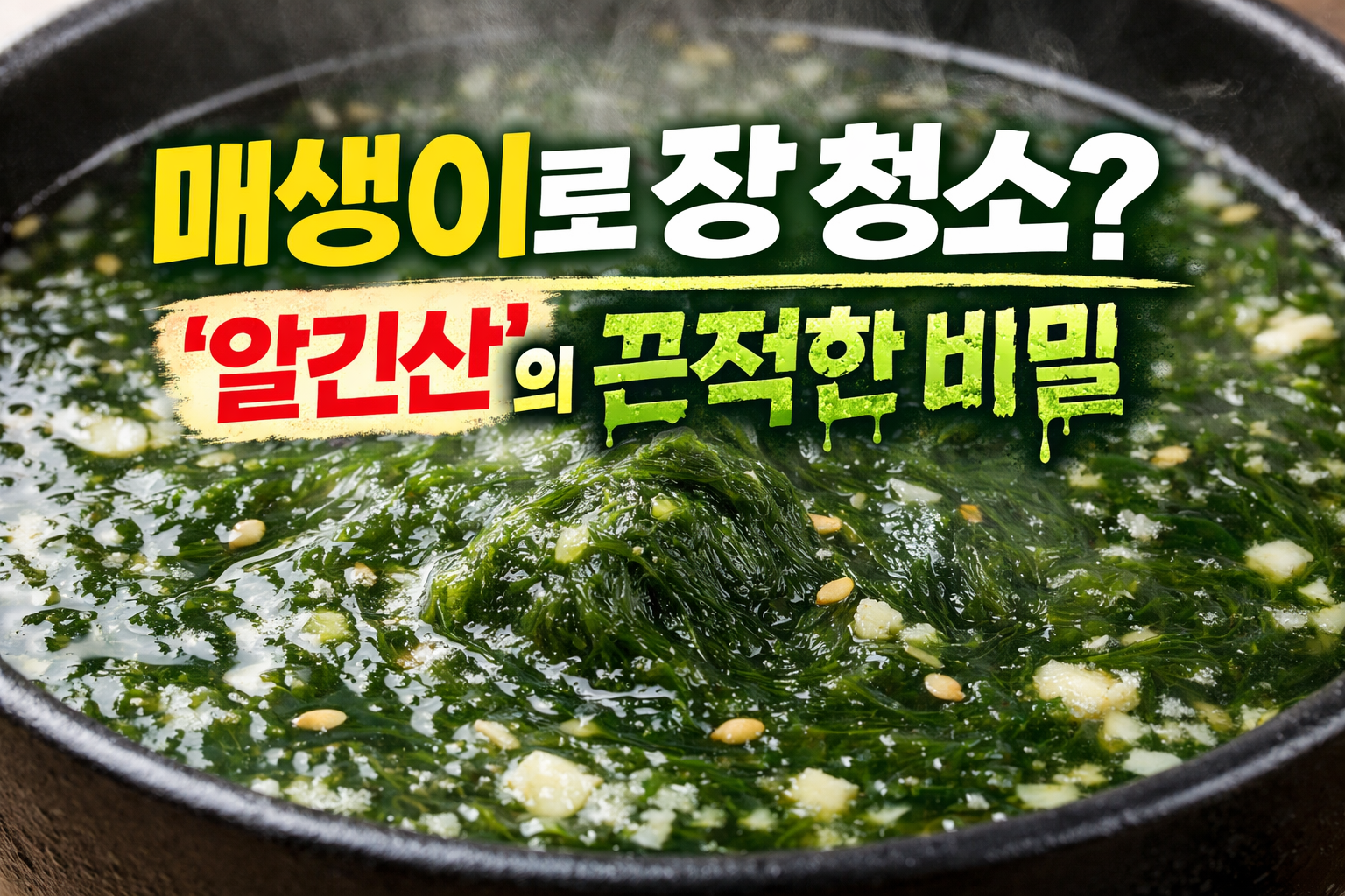 매생이로 장 청소 가능한지 알긴산 식이섬유의 끈적한 성질을 강조한 매생이국 클로즈업 이미지