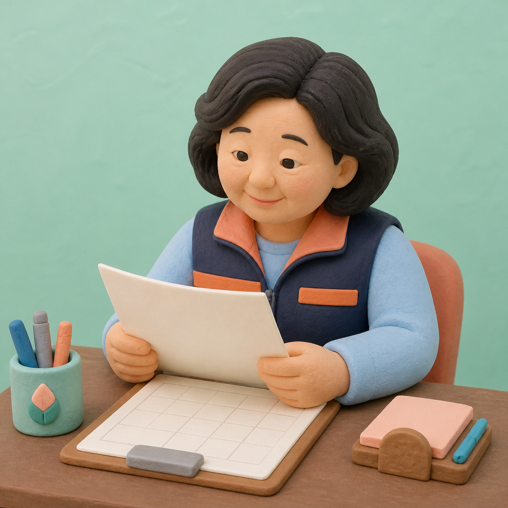 주유소 사무실 책상에서 근무표를 들여다보는 50대 여성