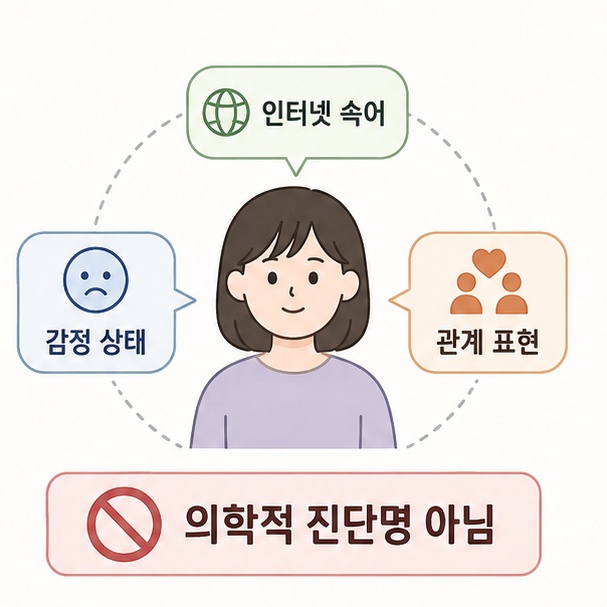 멘헤라가 감정 상태나 관계를 표현하는 인터넷 속어이며 의학적 진단명은 아니라는 점을 정리한 이미지