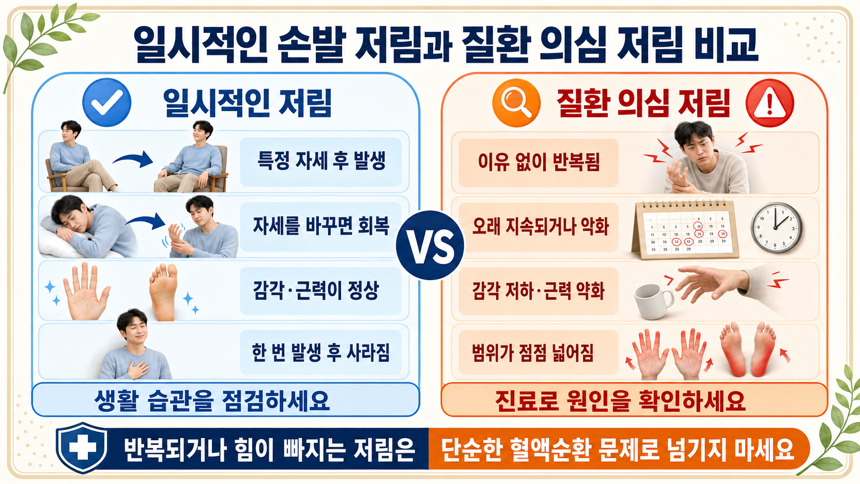 일시적인 손발 저림과 질환 의심 저림 비교 이미지