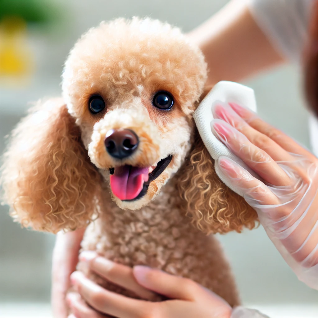 푸들의 귀를 부드러운 천으로 닦아주는 모습