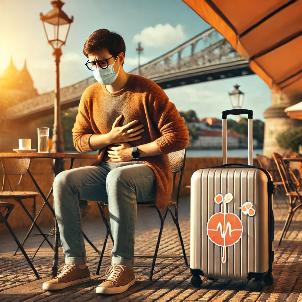 여행중 장트러블이 온 남성을 표현한 이미지