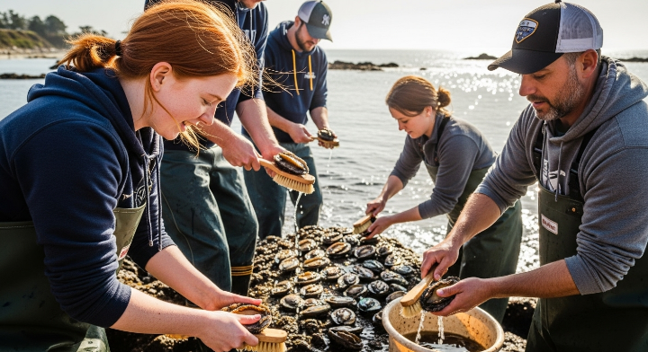 이 이미지는 전복을 잡은 후 다섯사람이 손질하고 있는 이미지입니다.