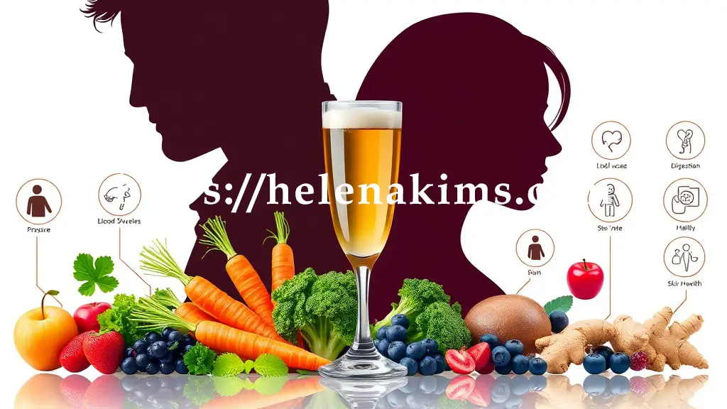 한 남성과 여성의 절반만 보이는 추상적인 얼굴 실루엣이 나란히 놓여 있고, 그 앞에는 다양한 청혈 주스 재료들 사과, 당근, 케일, 블루베리, 생강 등이 놓여 있는 이미지.