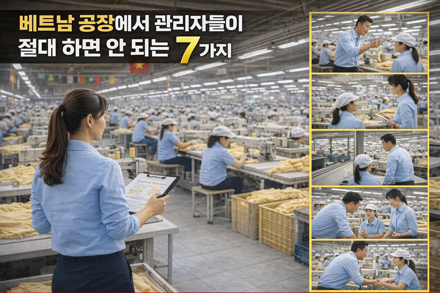 베트남 봉제 공장에서 생산라인을 관리하는 관리자 모습

캡션