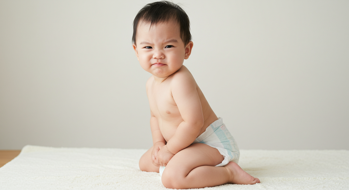 기저귀에 배변중인 2살 아기