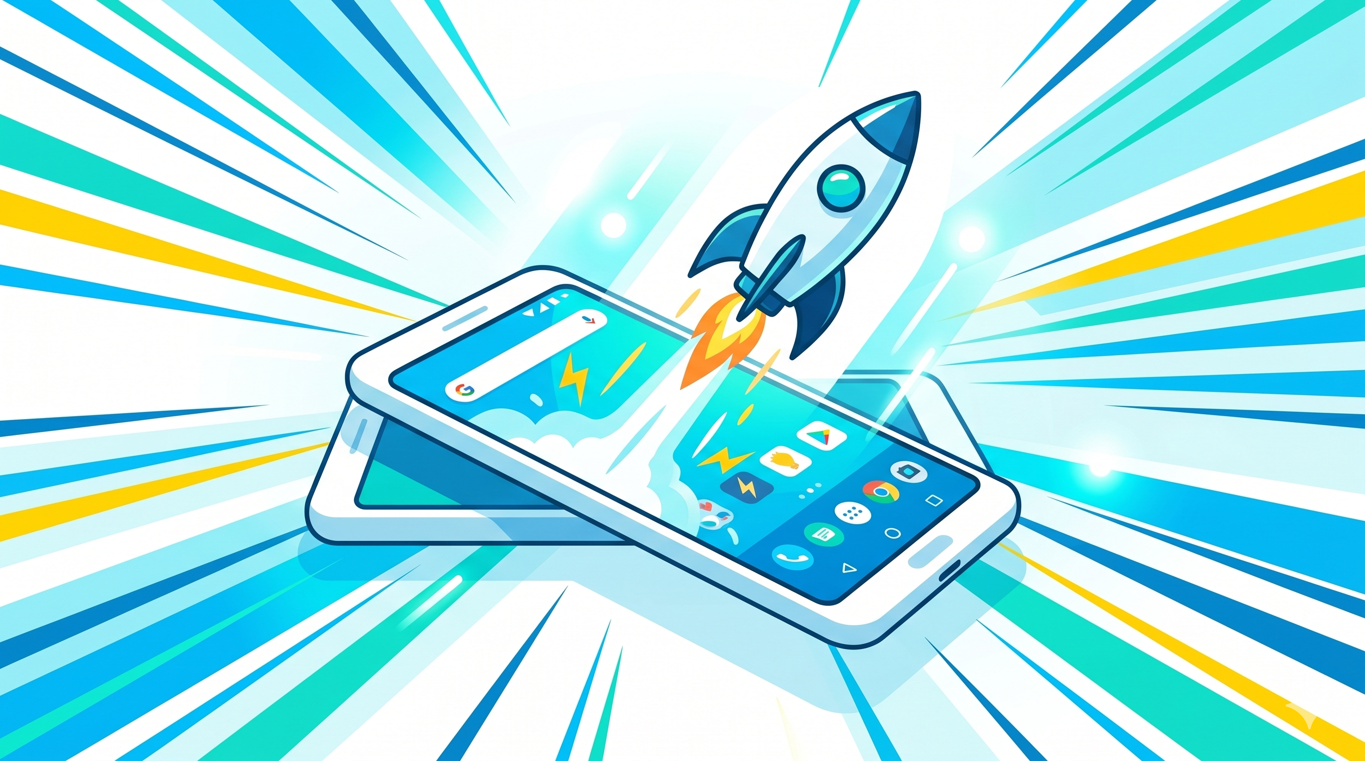 illustration of Android phone speed boost 
with rocket icon