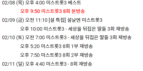 미스트롯 8회 재방송 시간