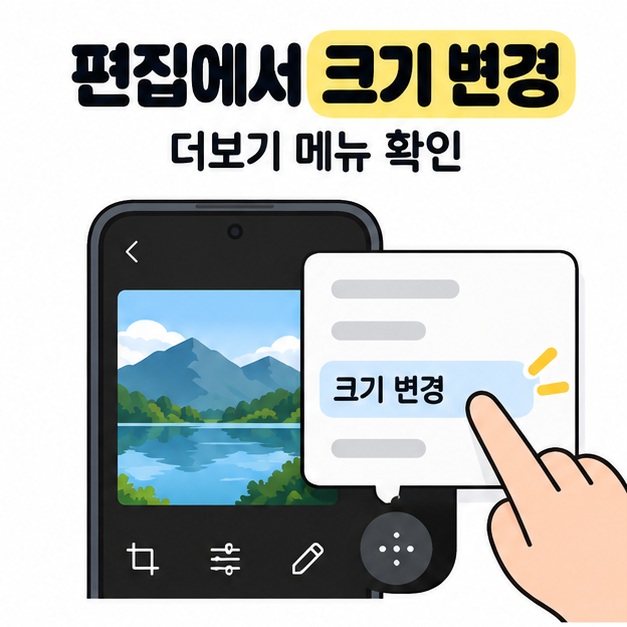 편집에서 크기 변경과 더보기 메뉴 확인이라는 문구 아래 스마트폰 편집 화면에 열린 크기 변경 항목을 손가락이 가리키고 있다.