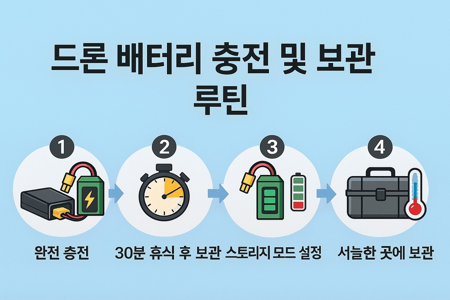 드론 배터리 충전 및 보관 루틴 인포그래픽 예시