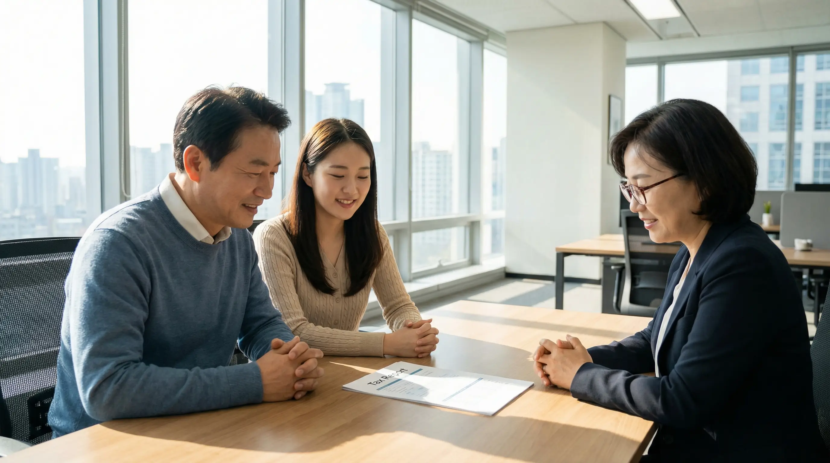 세무 전문가와 상담하여 상속세 신고 여부를 결정하고 안도하는 가족의 모습