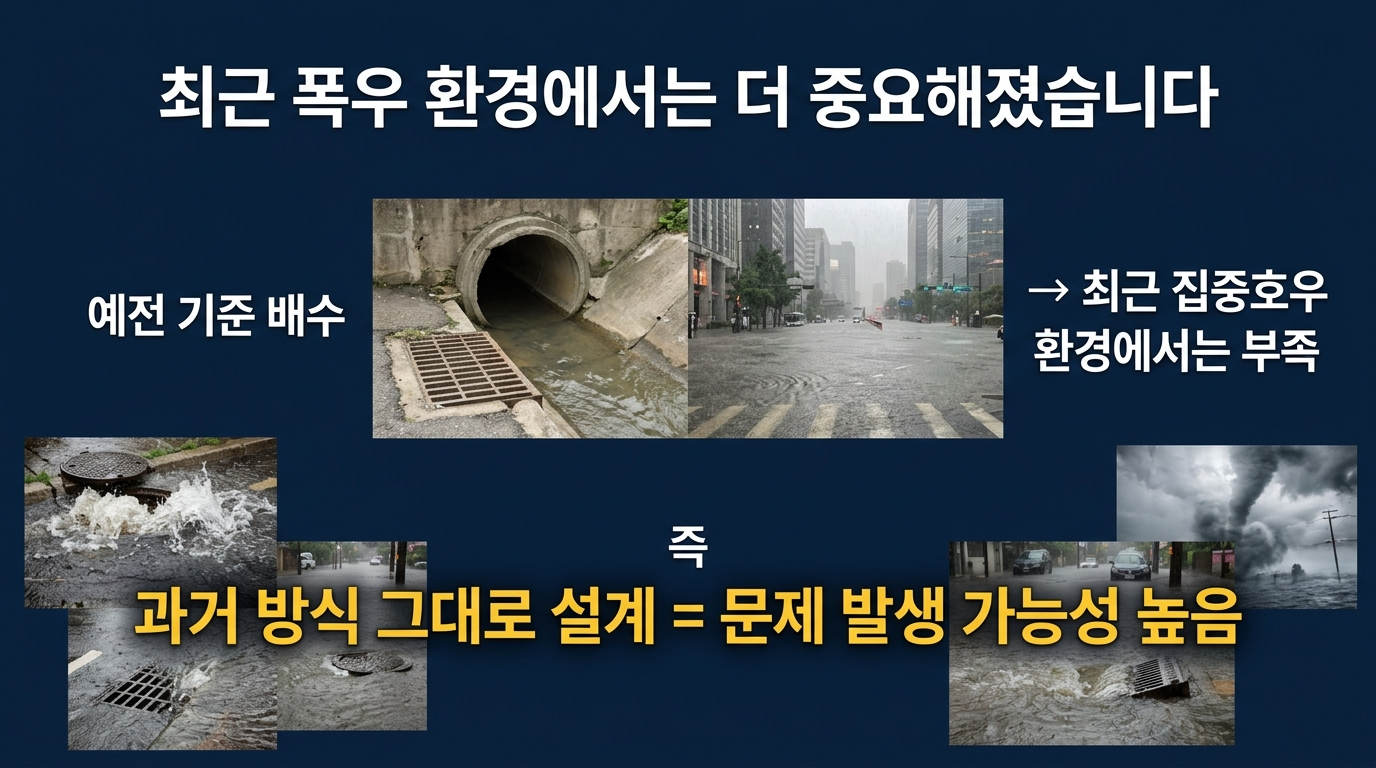 최근 폭우환경에서는 배수문제가 더 심각한 요인