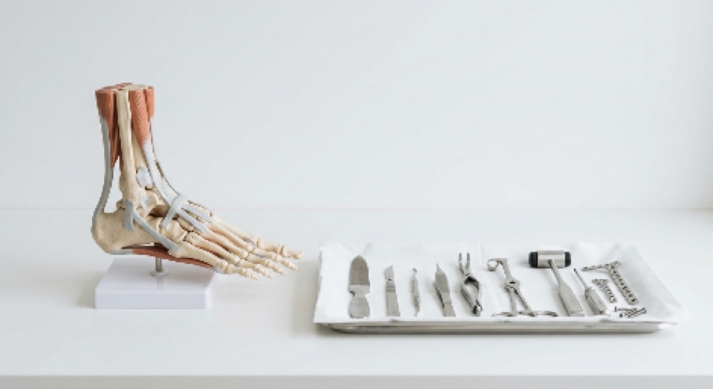 발 해부 모형과 의료 도구