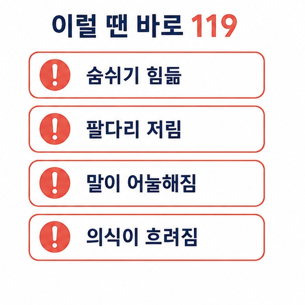 즉시 119를 불러야 할 신호, 호흡곤란과 팔다리 저림, 말이 어눌해짐, 의식 저하를 모은 체크리스트
