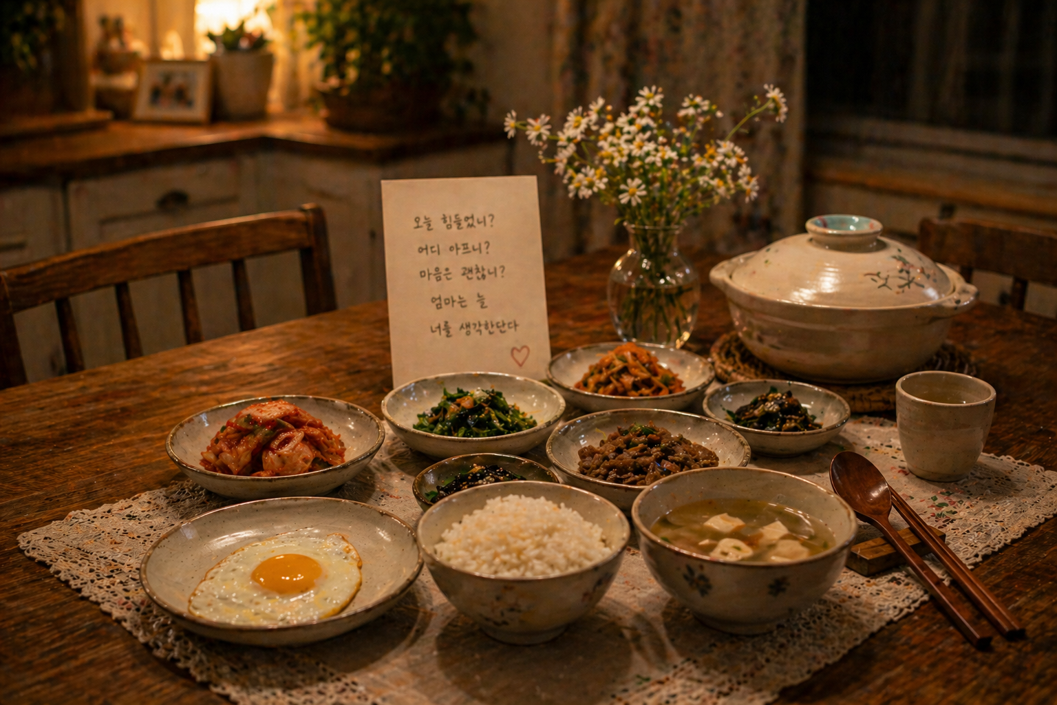 따뜻한 조명 아래 엄마가 정성껏 차려 놓은 밥상과 계란프라이, 국, 밥, 반찬들이 놓인 말없는 사랑의 식탁 장면