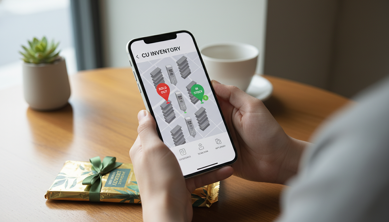 스마트폰으로 편의점 재고 조회 앱을 확인하는 모습과 두바이 초콜릿